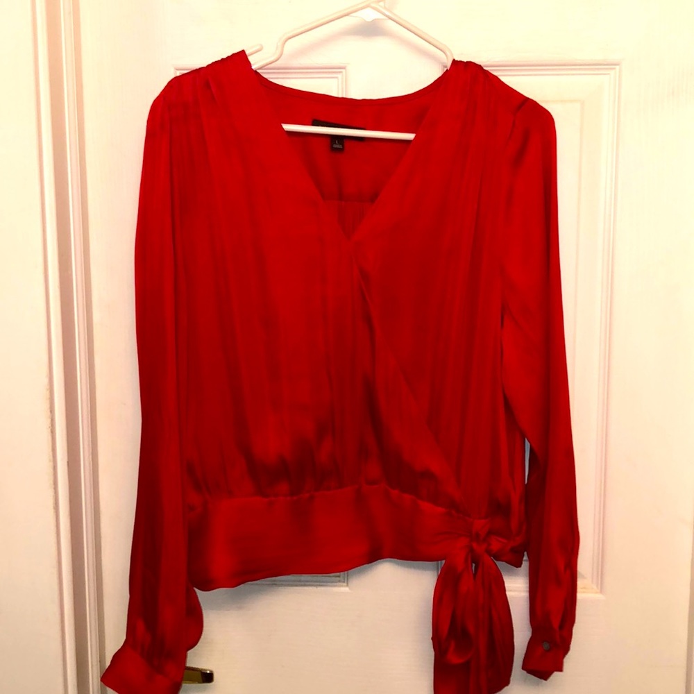 Banana Republic Red Soft Satin Puff Sleeve Blouse